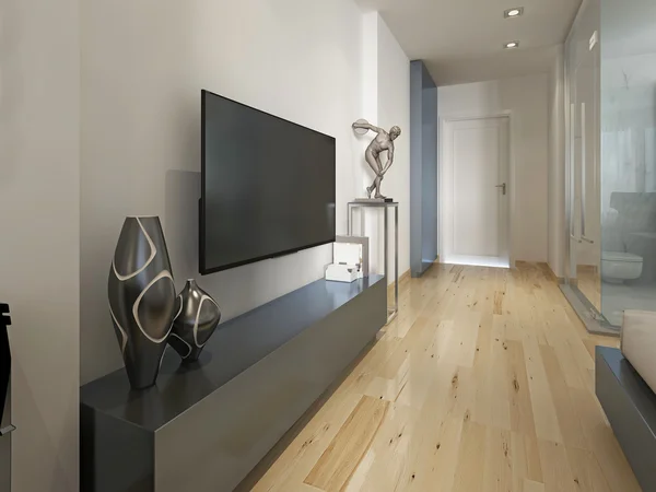 Unidad de TV moderna con la estatuilla de la decoración, sala de estar moderna . — Foto de Stock