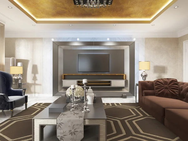 Sala de estar luxuosa em estilo art déco com sofás roxos . — Fotografia de Stock