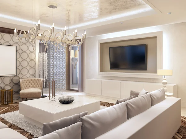 Moderní obývací pokoj v bílých barvách s úložným prostorem pro t — Stock fotografie