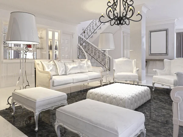 Sala de estar blanca de lujo con muebles blancos y mármol negro f —  Fotos de Stock