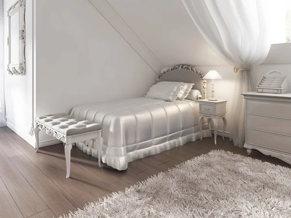 Battaniye ve yastıklar art Deco tarzında çocuk beyaz yatak.