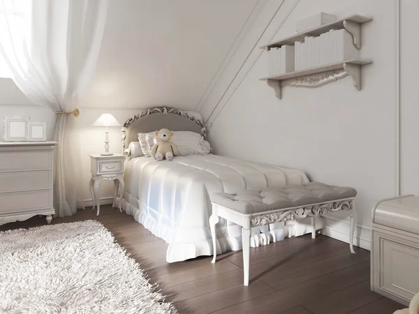 Battaniye ve yastıklar art Deco tarzında çocuk beyaz yatak.