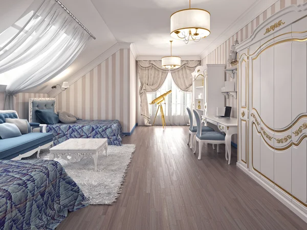 Luxusní dětský pokoj v klasickém stylu, se dvěma lůžky. — Stock fotografie