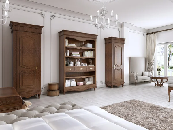 Two classic wardrobe and shelving brown colors with books and de — Stock Photo, Image