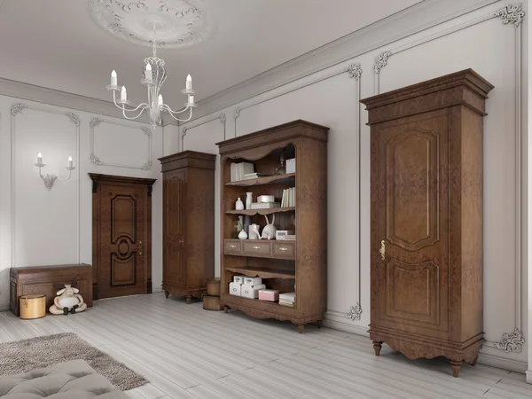 Kahverengi renkleri ile kitap ve de iki klasik dolap ve raf