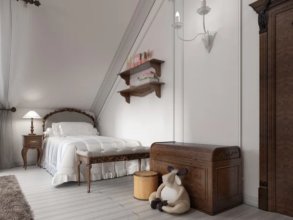 Cama clásica en el dormitorio de un niño con mesa de luz, lámpara y juguete —  Fotos de Stock