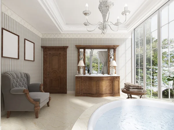 古典的なラウンジ茶の贅沢な浴室の家具とバスルーム — ストック写真