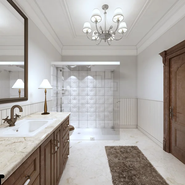 Luminoso cuarto de baño en el estilo Inglés con ducha de cristal grande . —  Fotos de Stock