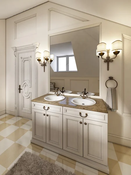 Zlew biały kąpieli z dużym lustrem i kinkiety na stronach th — Zdjęcie stockowe
