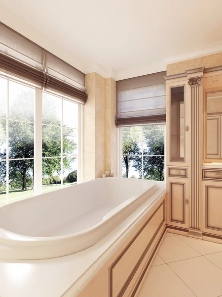 Classic bathtub by large window with Roman blinds in the bathroo