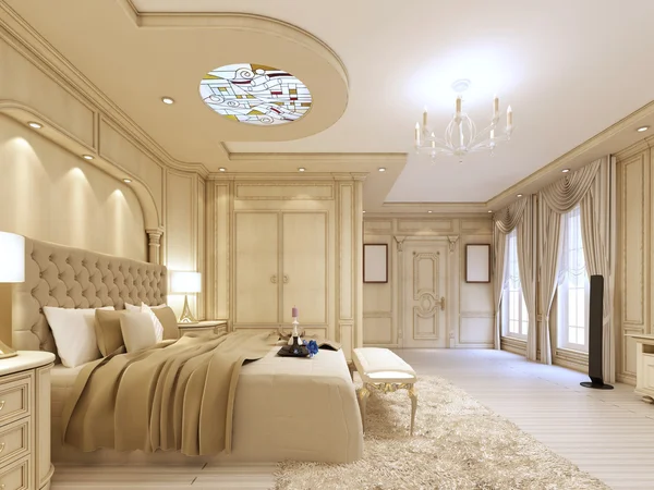 Luxurious bedroom in pastel colours in a neoclassical style. — Stock Photo, Image