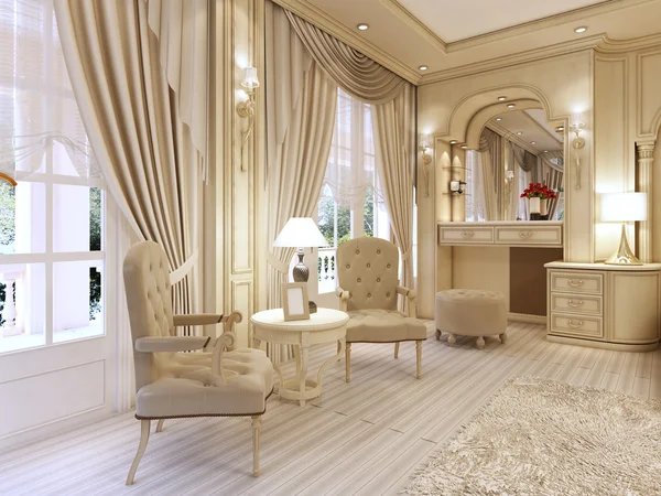 Tuvalet Masası ve klasik luxur bir masa lambası ile iki sandalye