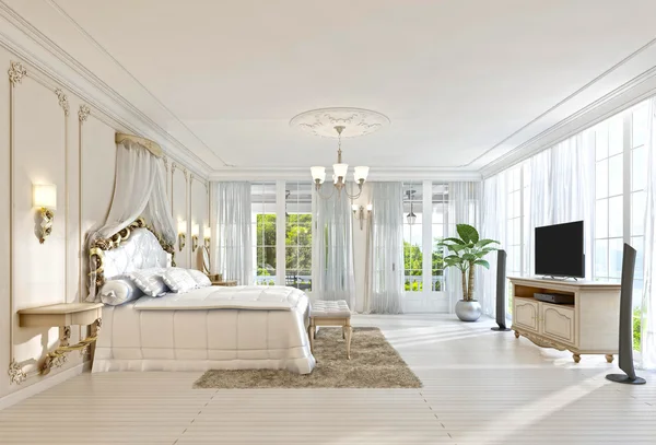 Panoramik pencerelere ve güzel manzaralı büyük yatak odası. — Stok fotoğraf