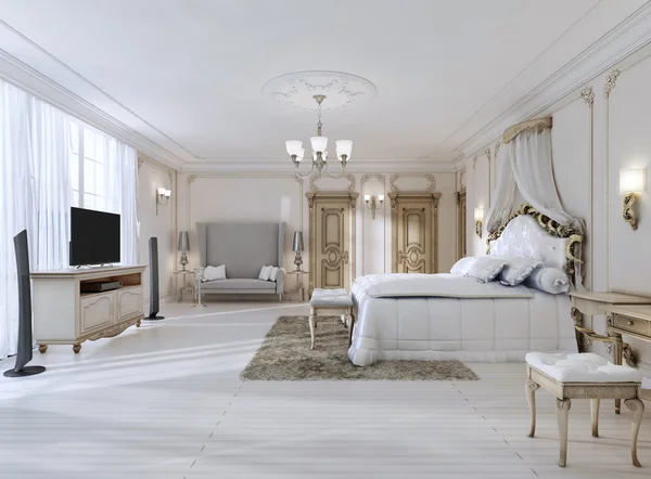 Luxurious bedroom in white colors in a classic style. — Stock Photo, Image