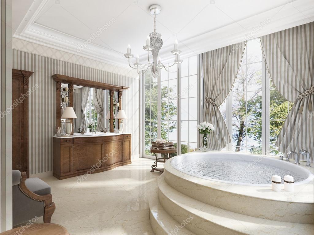 Bathroom in luxury neo-classical style with sinks tubs and a lar