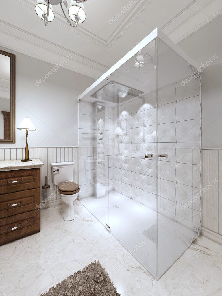 Ljust badrum i engelsk stil med stora glas dusch — stockfotografi ...