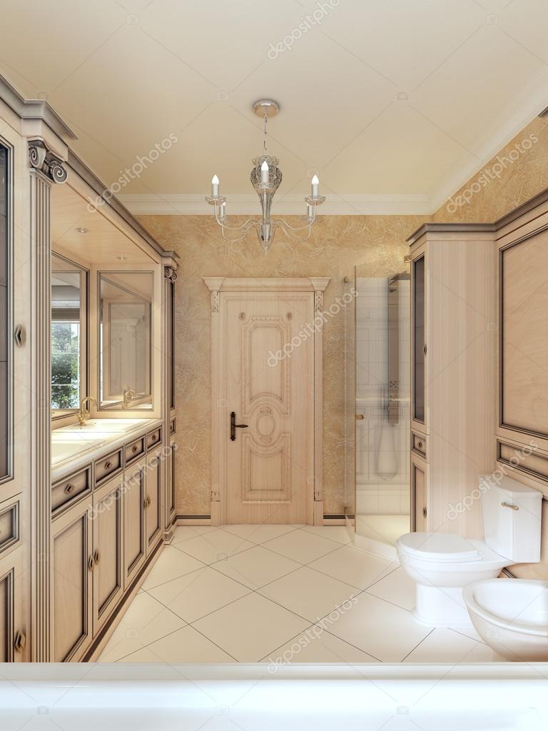 Cuarto de baño en estilo clásico con gran ventanal y baño de madera ... Cuarto de baño en estilo clásico con gran ventanal y baño de madera ...