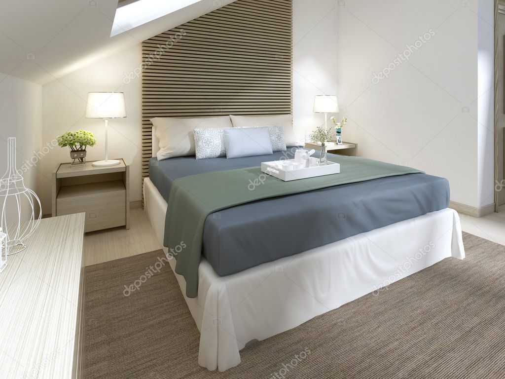 Moderne slaapkamer met groot bed met turquoise deken — Stockfoto ... Moderne slaapkamer met groot bed met turquoise deken — Stockfoto ...