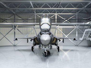 Zekice çok işlevli bombardıman uçağı, beşinci nesil. Modern dövüşçü hangarda. 3d oluşturma.