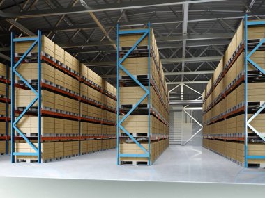 Rafları ve paletleri olan büyük bir depo. 3d oluşturma.