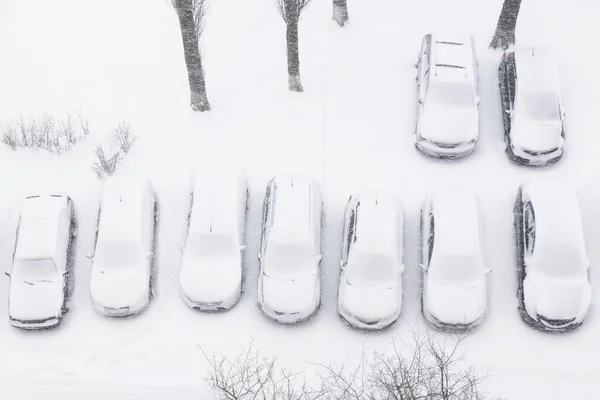 Cars Covered Snow Parking Snowfall Blizzard Top View — Stock Photo, Image