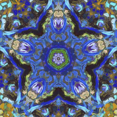 Etnik renkli, modern, soyut el yağlı boyayı karalama tekniğiyle kağıda çizdi. Tekstil desensiz kırışıklık, doku, arka plan yağlı boya beş köşeli yıldız taşı.