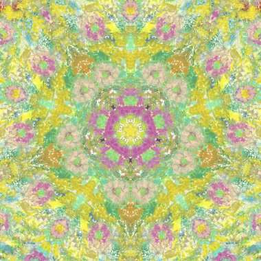 andala kaleydoskopi. Etnik renkli modern soyut ve karalama tekniğiyle kağıda yağlı boya çizilmiş. Kusursuz desen fraktür, doku, arkaplan