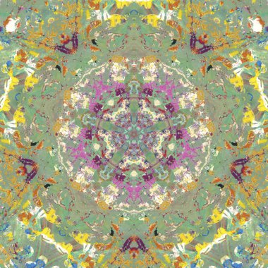 andala kaleydoskopi. Etnik renkli modern soyut ve karalama tekniğiyle kağıda yağlı boya çizilmiş. Kusursuz desen fraktür, doku, arkaplan