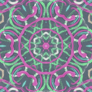 andala kaleydoskopi. Etnik renkli modern soyut ve karalama tekniğiyle kağıda yağlı boya çizilmiş. Kusursuz desen fraktür, doku, arkaplan