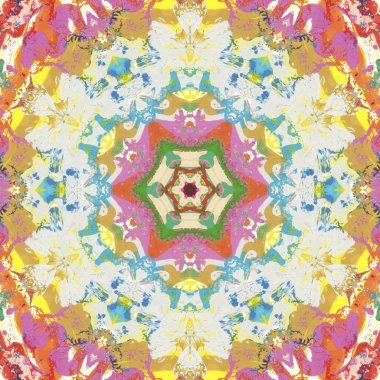 andala kaleydoskopi. Etnik renkli modern soyut ve karalama tekniğiyle kağıda yağlı boya çizilmiş. Kusursuz desen fraktür, doku, arkaplan