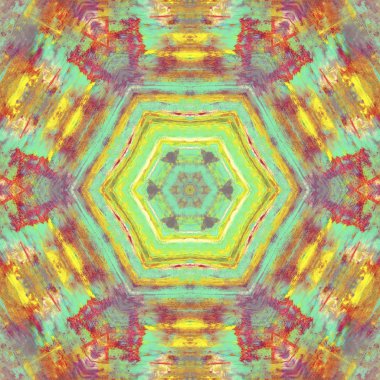 andala kaleydoskopi. Etnik renkli modern soyut ve karalama tekniğiyle kağıda yağlı boya çizilmiş. Kusursuz desen fraktür, doku, arkaplan