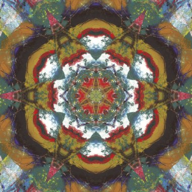 andala kaleydoskopi. Etnik renkli modern soyut ve karalama tekniğiyle kağıda yağlı boya çizilmiş. Kusursuz desen fraktür, doku, arkaplan