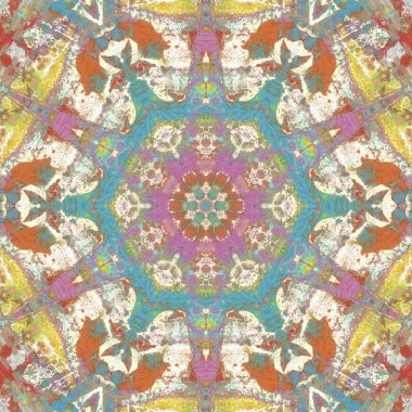 Mandala kaleydoskopi. Etnik renkli modern soyut ve yağlı boyayı karalama tekniğiyle kağıda çizmiş. Kusursuz desen fraktür, doku, arkaplan
