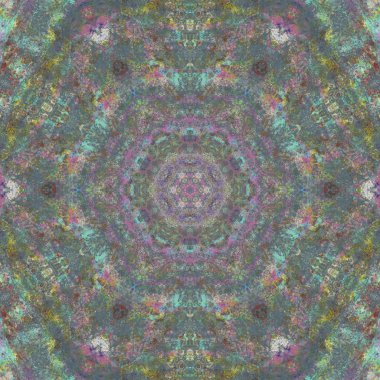 Mandala kaleydoskopi. Etnik renkli modern soyut ve yağlı boyayı karalama tekniğiyle kağıda çizmiş. Kusursuz desen fraktür, doku, arkaplan