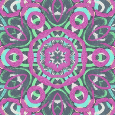 Mandala kaleydoskopi. Etnik renkli modern soyut ve yağlı boyayı karalama tekniğiyle kağıda çizmiş. Kusursuz desen fraktür, doku, arkaplan