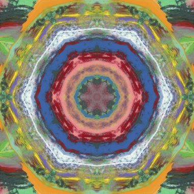 Mandala kaleydoskopi. Etnik renkli modern soyut ve yağlı boyayı karalama tekniğiyle kağıda çizmiş. Kusursuz desen fraktür, doku, arkaplan