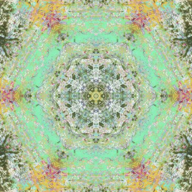 Mandala kaleydoskopi. Etnik renkli modern soyut ve yağlı boyayı karalama tekniğiyle kağıda çizmiş. Kusursuz desen fraktür, doku, arkaplan