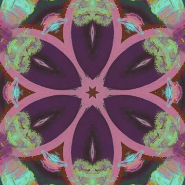 Mandala kaleydoskopi. Etnik renkli modern soyut ve yağlı boyayı karalama tekniğiyle kağıda çizmiş. Kusursuz desen fraktür, doku, arkaplan