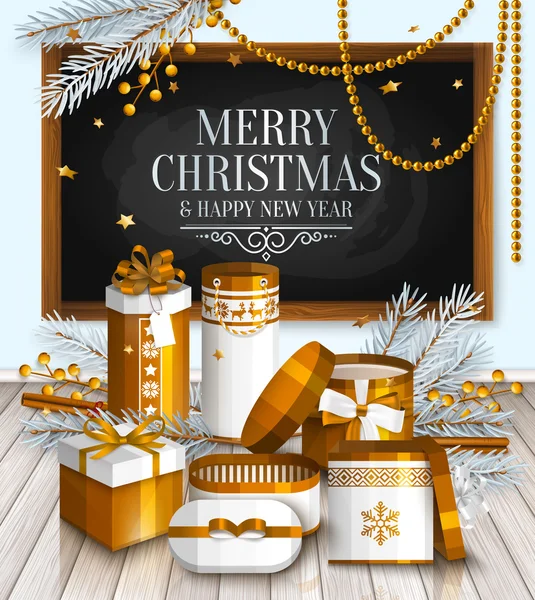 Buon Natale a tutti. Mucchio di scatole regalo bianche e dorate, rami di abete e bacche gialle. Augurando su lavagna, lavagna. Vettore . — Vettoriale Stock
