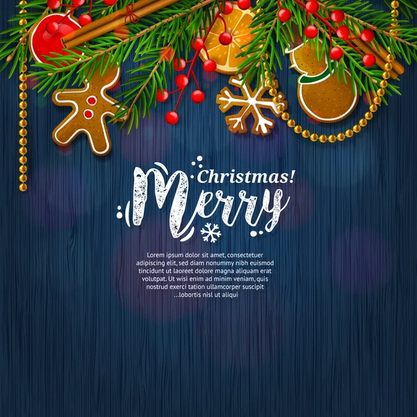 Biglietto natalizio con ghirlanda composta da rami di abete, bacche rosse, pan di zenzero, cannella, arancia, perle. Sfondo blu modello. Vettore . — Vettoriale Stock