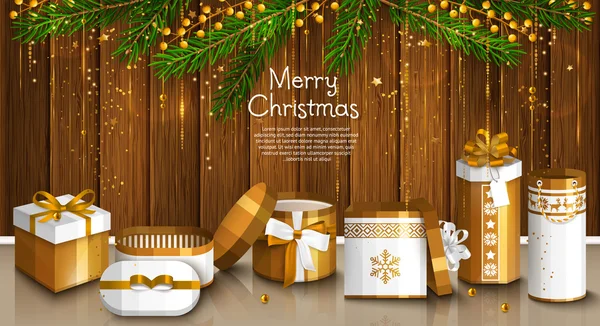 Christmas card with pile of gift boxes. Vector. — Stock vektor
