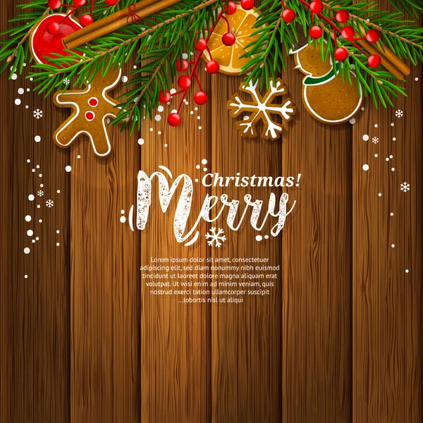 Biglietto natalizio con ghirlanda composta da rami di abete, bacche rosse, pan di zenzero, cannella, arancia. Tavole di legno sfondo. Vettore . — Vettoriale Stock