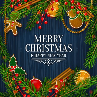 Noel kartı ile yapılan çam dalları, kırmızı meyveler, gingerbreads, tarçın, portakal, inci garland. Mavi arka plan. Vektör.