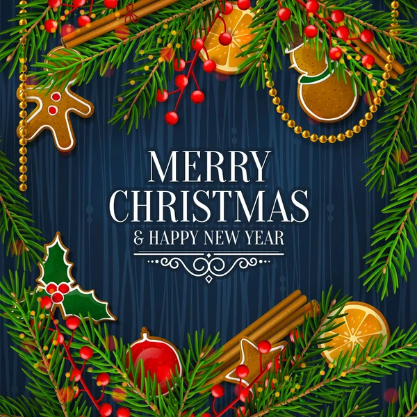 Biglietto natalizio con ghirlanda composta da rami di abete, bacche rosse, pan di zenzero, cannella, arancia, perle. Sfondo blu. Vettore . — Vettoriale Stock