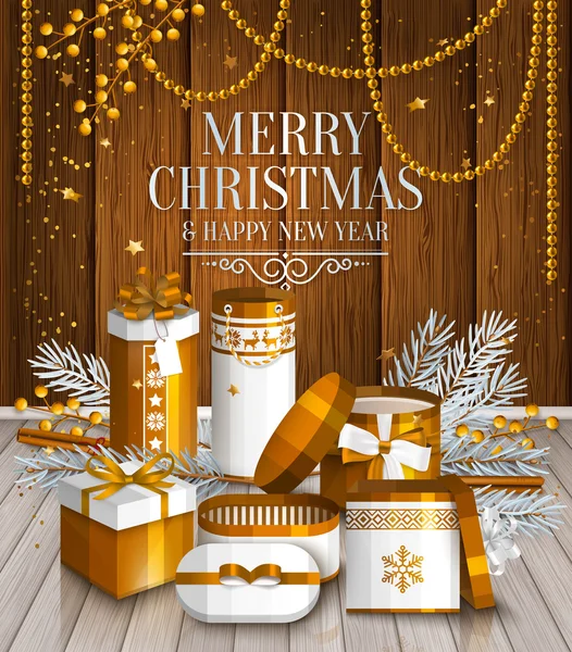Merry Christmas card. Högen av vita och gyllene inslagna presentaskar, fir grenar och gula bär. Önskar på trä bakgrund. Vektor. — Stock vektor