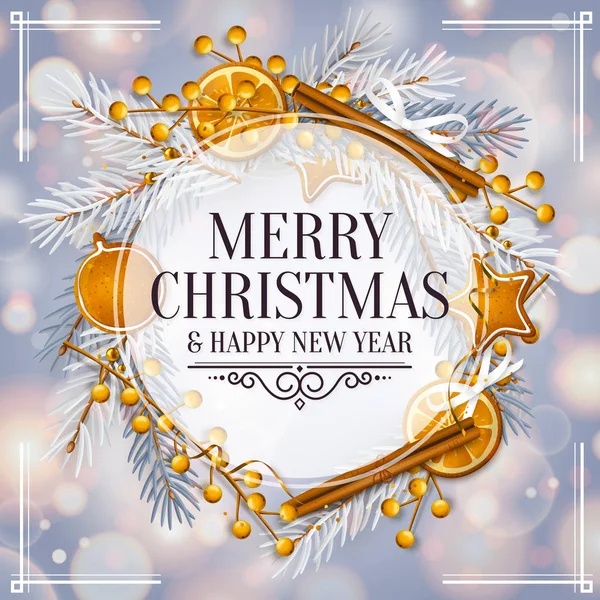 Biglietto natalizio con ghirlanda circolare composta da rami di abete, bacche gialle, pan di zenzero, cannella, arancio, perle. Sfondo con luci bokeh. Vettore . — Vettoriale Stock