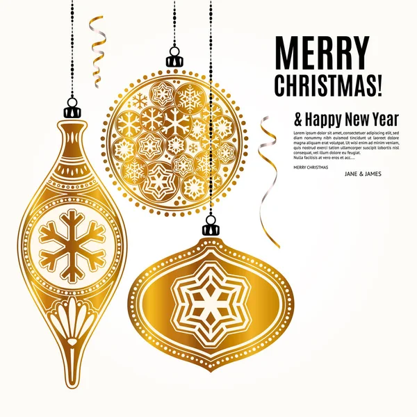 Christmas card with golden ornamental xmas balls and snowflakes. Vector. — Stock Vector
