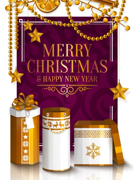 Karácsonyi kártya. Fehér és arany csomagolva díszdobozok, a csillagok, a gyöngy, a narancs. Arany szöveg boldog karácsonyt díszállatokat papír. Vektor. — Stock Vector