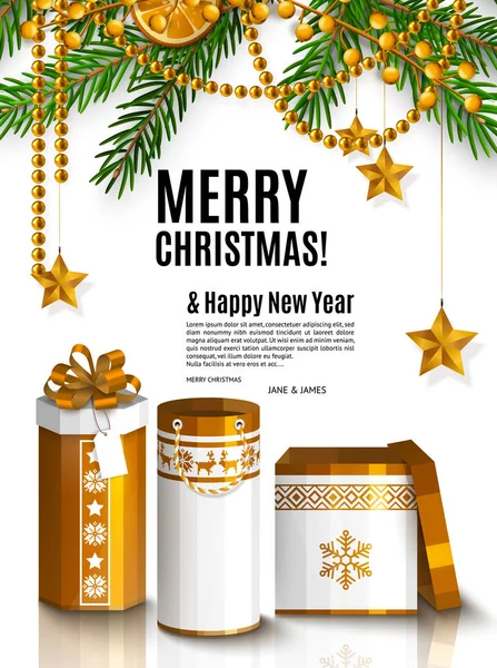 Biglietto natalizio con confezioni regalo avvolte in oro. Ghirlanda composta da rami di abete, cannella e arancio. Vettore . — Vettoriale Stock