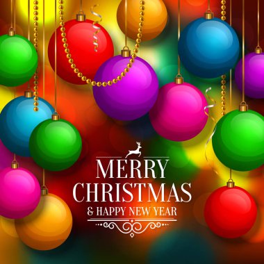 Renkli topları ile Noel arka plan. Xmas baubles bokeh ışıklar. Vektör çizim.